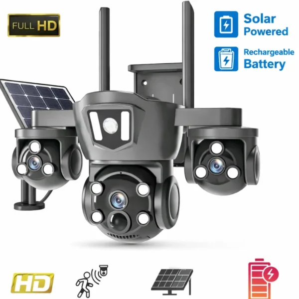 V380 Pro Solar-Powered Wireless PTZ Security Camera – Triple Lens Outdoor CCTV
